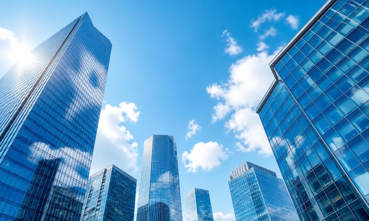Modern glass skyscrapers converging against a deep blue sky