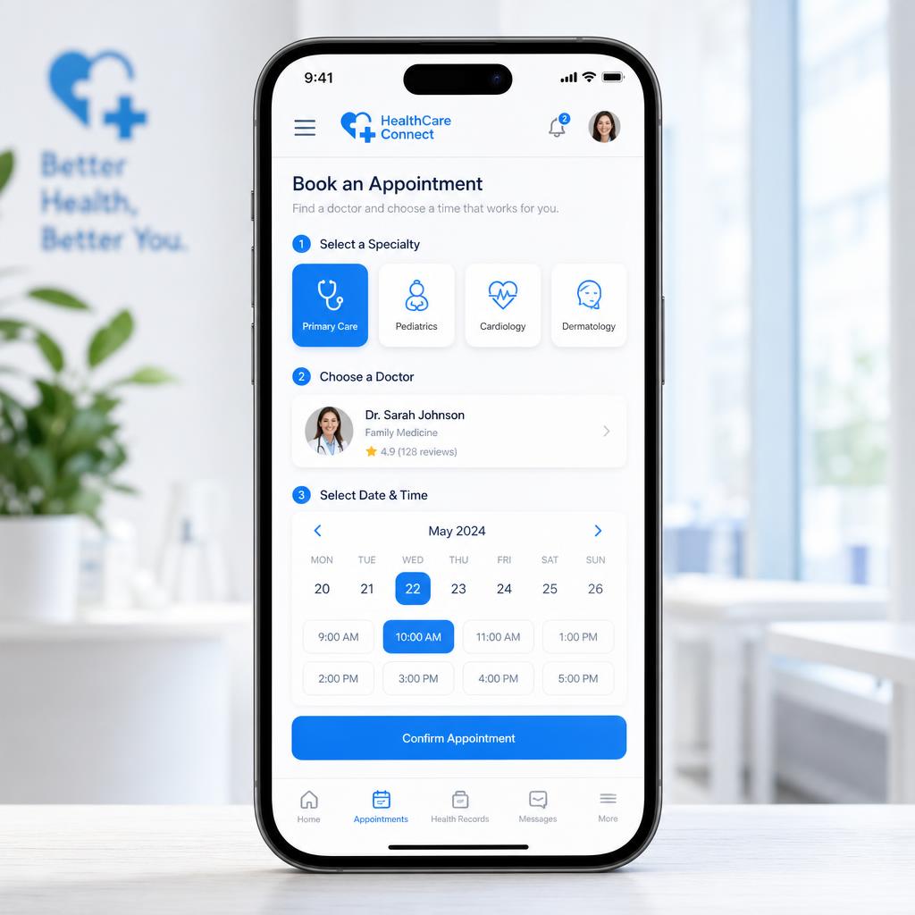 HealthConnect patient appointment booking app on a smartphone