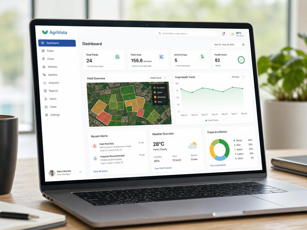 AgriVista agritech analytics dashboard on a laptop