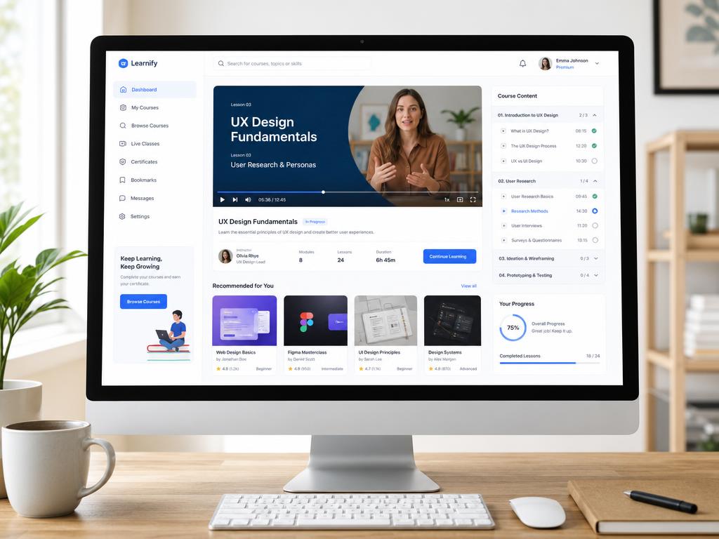 Learnify e-learning academy portal on a desktop monitor