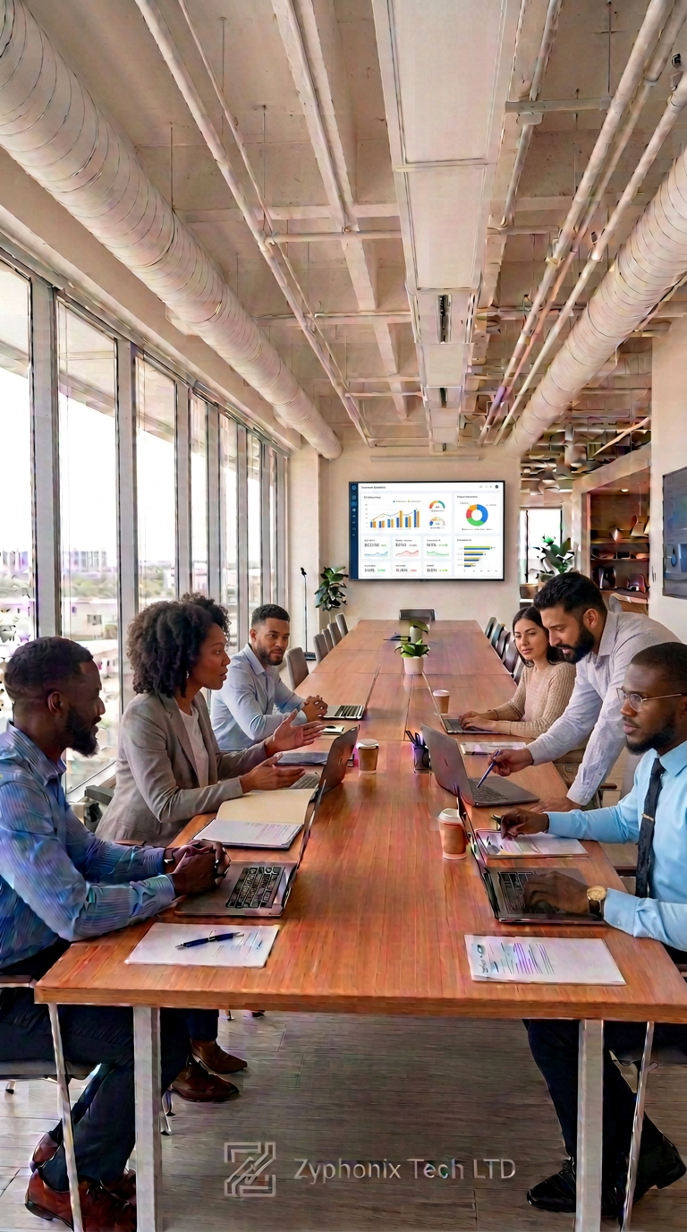 A Zyphonix client team collaborating around cloud dashboards in a bright modern office